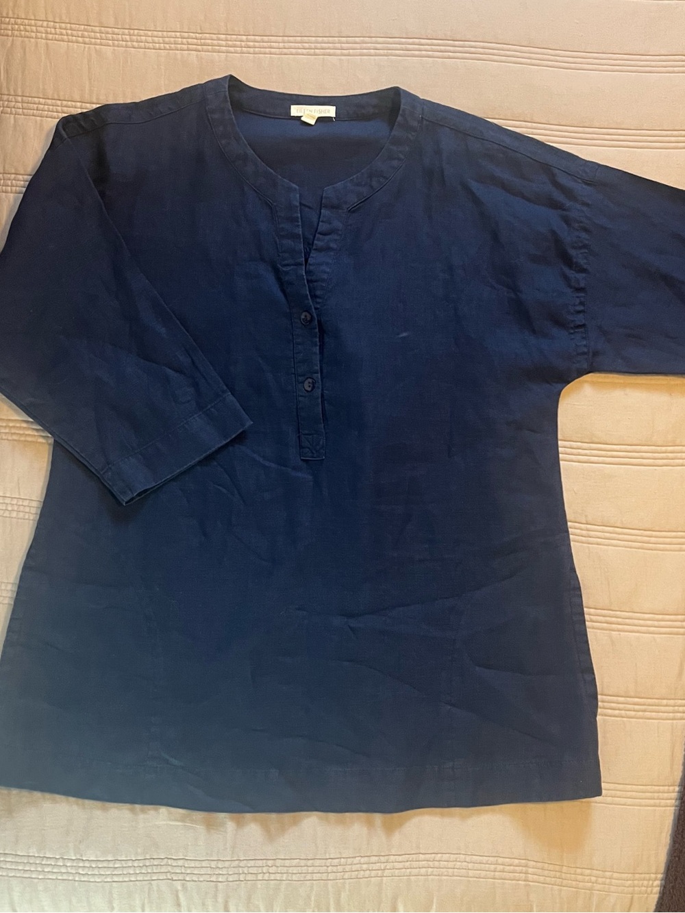 Eileen Fisher Organic Linen Navy Button Front Tunic Shirt Summer Travel Lagen